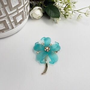 Vintage 1960s Turquoise Lucite Flower Brooch Rhinestone Floral Pin Mod Blue